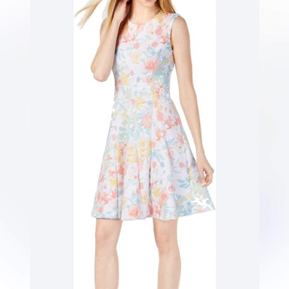 NWT Calvin Klein Pastel Floral Fit & Flare Scuba Sleeveless  dress size 10P